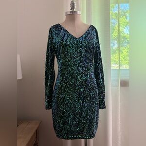 Sequin V-Neck Long Sleeve Dress - Opalescent Green, med/large, GUC